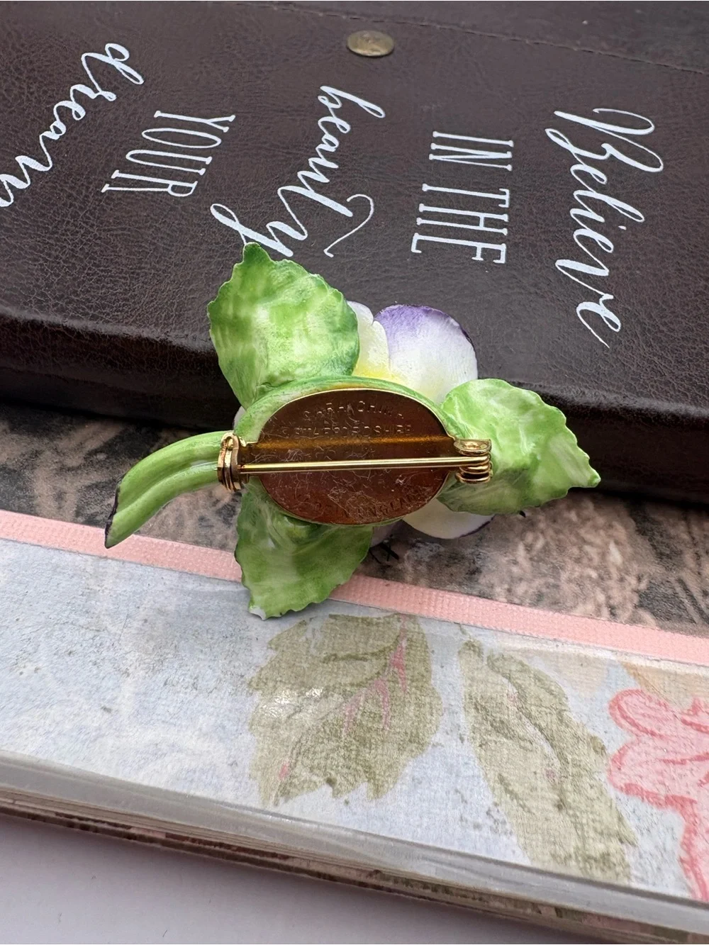 Vintage English Bone China Flower Brooch Cottagecore Floral Pin